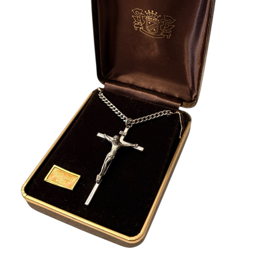 Silver Filled Men’s Crucifixion Necklace 24” Box Chain